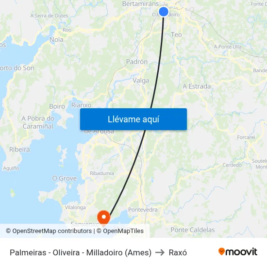 Palmeiras - Oliveira - Milladoiro (Ames) to Raxó map