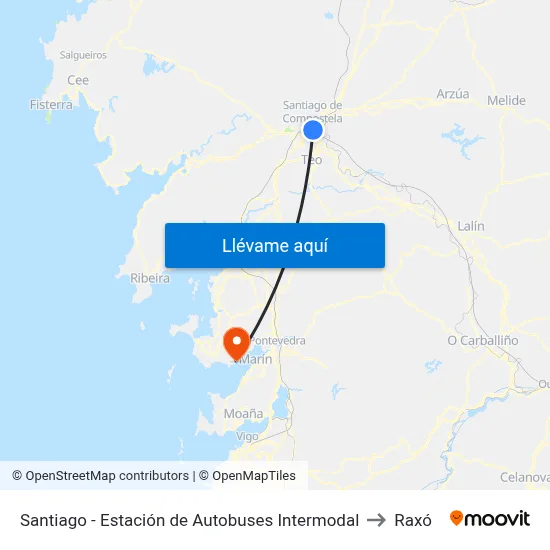 Santiago - Estación de Autobuses Intermodal to Raxó map