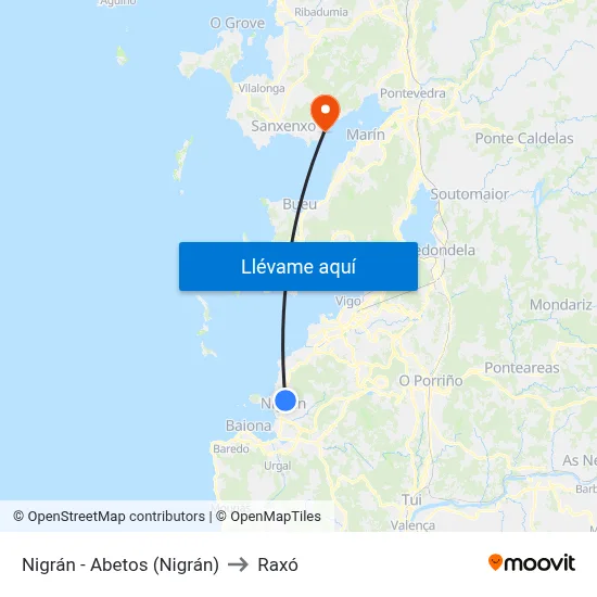 Nigrán - Abetos (Nigrán) to Raxó map