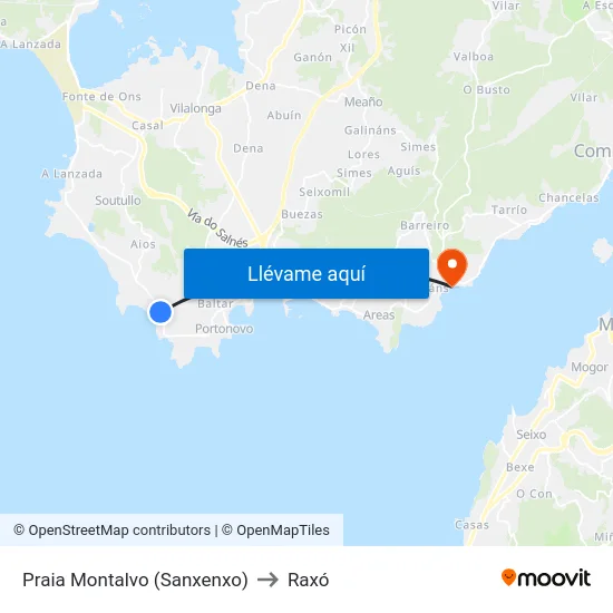 Praia Montalvo (Sanxenxo) to Raxó map