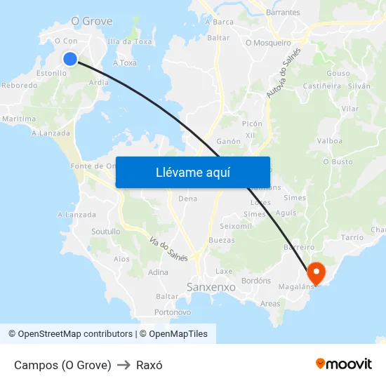 Campos (O Grove) to Raxó map