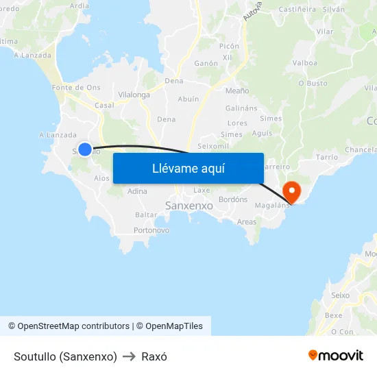 Soutullo (Sanxenxo) to Raxó map