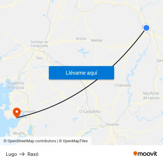 Lugo to Raxó map
