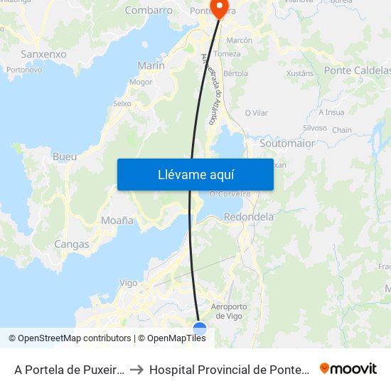 A Portela de Puxeiros (Mos) to Hospital Provincial de Pontevedra (CHOP) map
