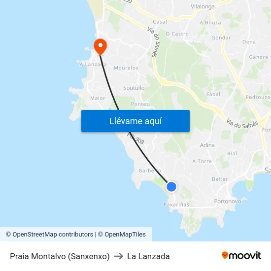 Praia Montalvo (Sanxenxo) to La Lanzada map