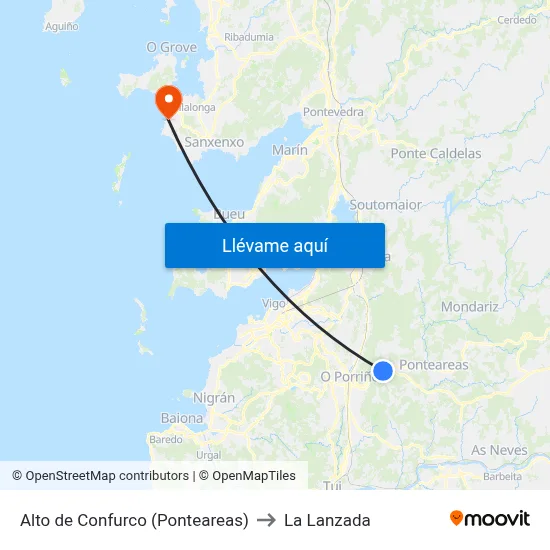 Alto de Confurco (Ponteareas) to La Lanzada map