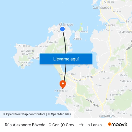 Rúa Alexandre Bóveda - O Con (O Grove) to La Lanzada map