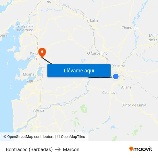 Bentraces (Barbadás) to Marcon map