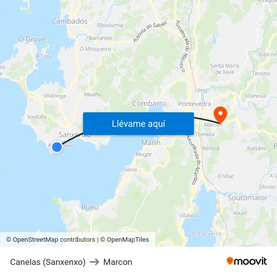 Canelas (Sanxenxo) to Marcon map