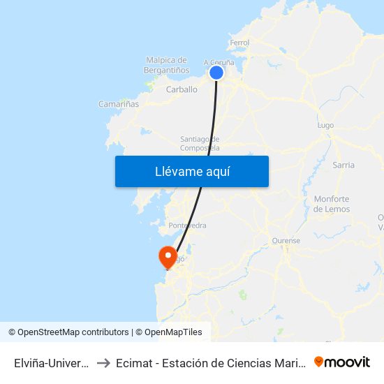 Elviña-Universidade to Ecimat - Estación de Ciencias Mariñas de Toralla map