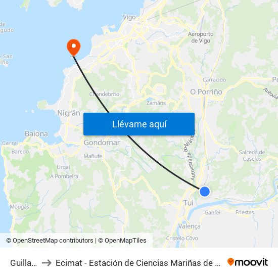 Guillarei to Ecimat - Estación de Ciencias Mariñas de Toralla map