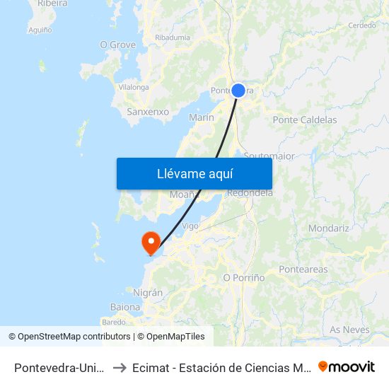 Pontevedra-Universidade to Ecimat - Estación de Ciencias Mariñas de Toralla map