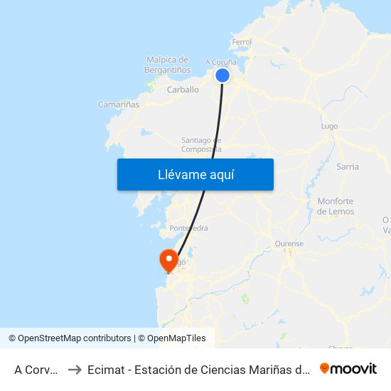 A Corveira to Ecimat - Estación de Ciencias Mariñas de Toralla map