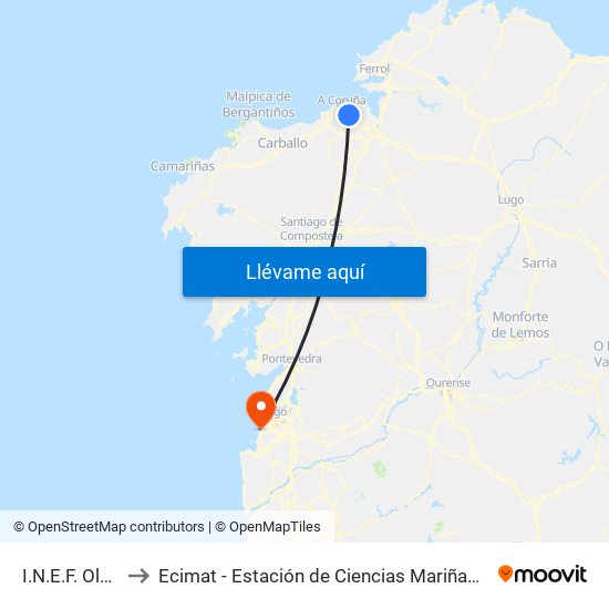 I.N.E.F. Oleiros to Ecimat - Estación de Ciencias Mariñas de Toralla map