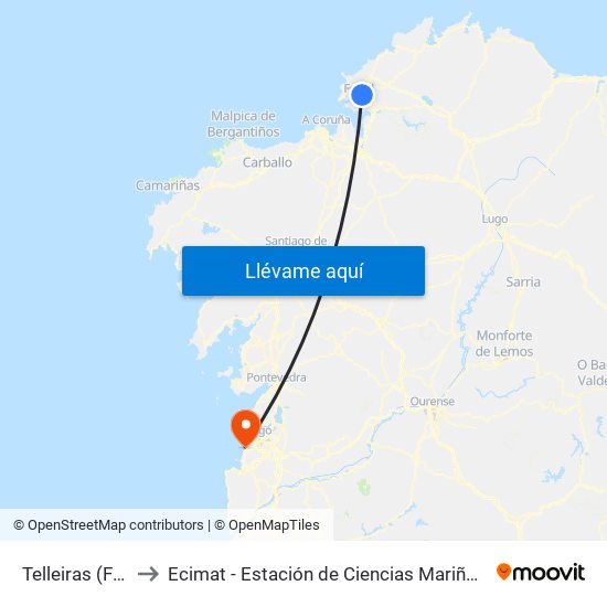 Telleiras (Ferrol) to Ecimat - Estación de Ciencias Mariñas de Toralla map