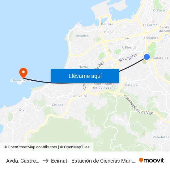 Avda. Castrelos, 67 to Ecimat - Estación de Ciencias Mariñas de Toralla map