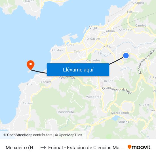 Hospital do Meixoeiro // O Areeiro to Ecimat - Estación de Ciencias Mariñas de Toralla map