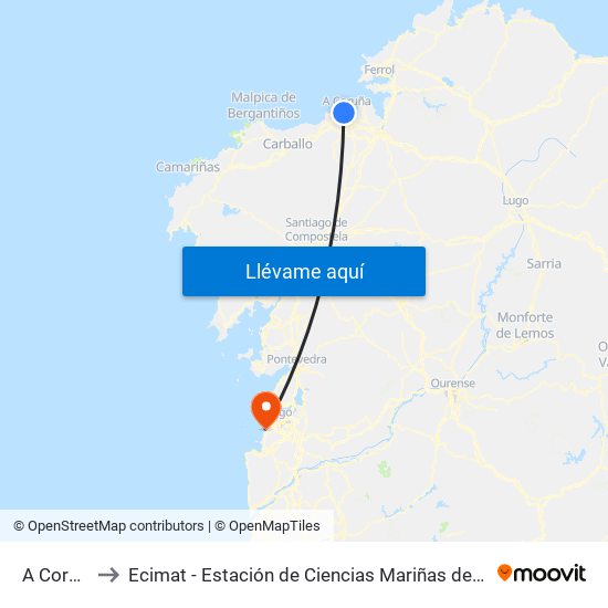 A Coruña to Ecimat - Estación de Ciencias Mariñas de Toralla map