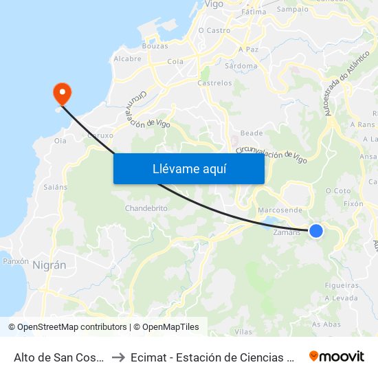 Alto de San Cosme (Vigo) to Ecimat - Estación de Ciencias Mariñas de Toralla map