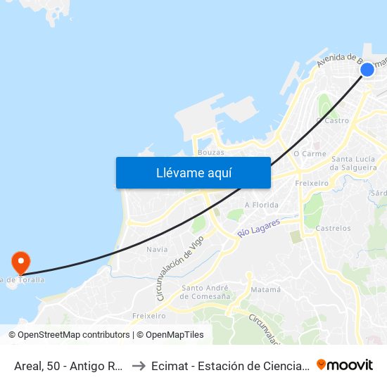 Areal, 50 - Antigo Reitorado (Vigo) to Ecimat - Estación de Ciencias Mariñas de Toralla map