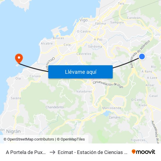 A Portela de Puxeiros (Mos) to Ecimat - Estación de Ciencias Mariñas de Toralla map