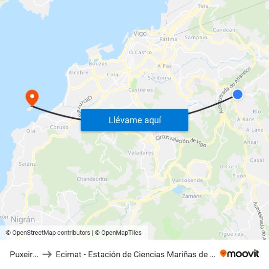 Puxeiros to Ecimat - Estación de Ciencias Mariñas de Toralla map