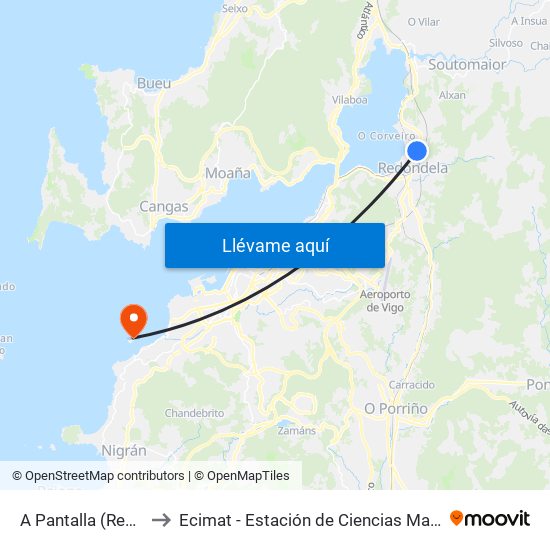 A Pantalla (Redondela) to Ecimat - Estación de Ciencias Mariñas de Toralla map