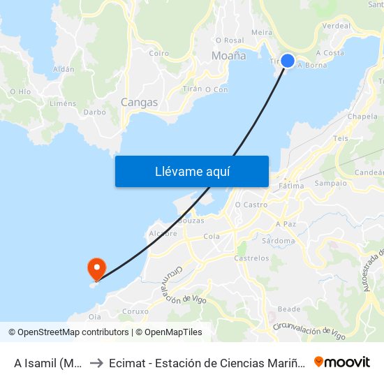 A Isamil (Moaña) to Ecimat - Estación de Ciencias Mariñas de Toralla map