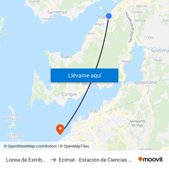 Lonxa de Estribela (Marín) to Ecimat - Estación de Ciencias Mariñas de Toralla map