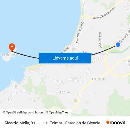 Ricardo Mella, 91-. Xuncal (Vigo) to Ecimat - Estación de Ciencias Mariñas de Toralla map