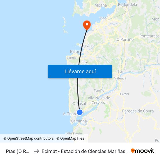 Pías (O Rosal) to Ecimat - Estación de Ciencias Mariñas de Toralla map