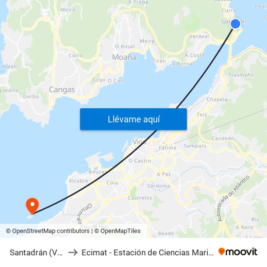 Santadrán (Vilaboa) to Ecimat - Estación de Ciencias Mariñas de Toralla map