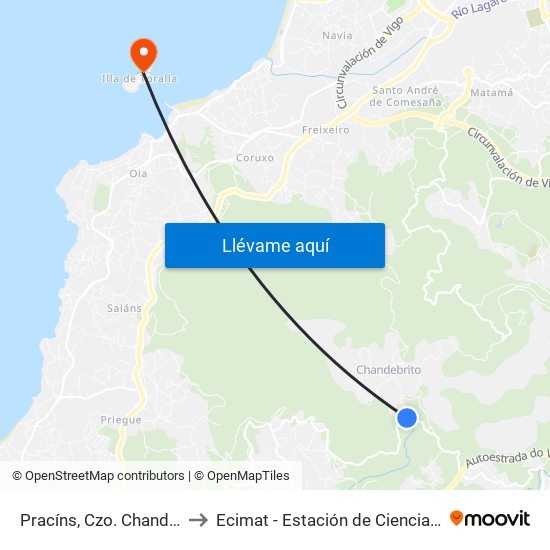 Pracíns, Czo. Chandebrito (Nigrán) to Ecimat - Estación de Ciencias Mariñas de Toralla map