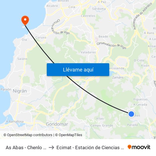 As Abas - Chenlo (O Porriño) to Ecimat - Estación de Ciencias Mariñas de Toralla map