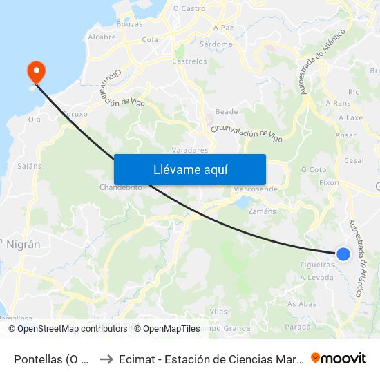 Pontellas (O Porriño) to Ecimat - Estación de Ciencias Mariñas de Toralla map