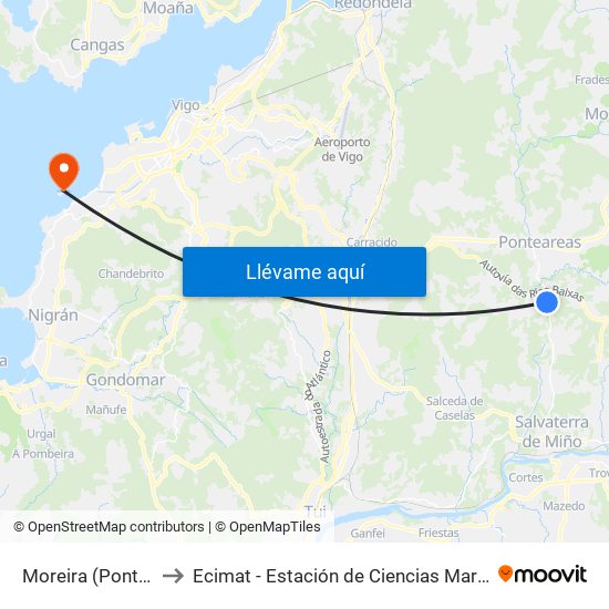 Moreira (Ponteareas) to Ecimat - Estación de Ciencias Mariñas de Toralla map