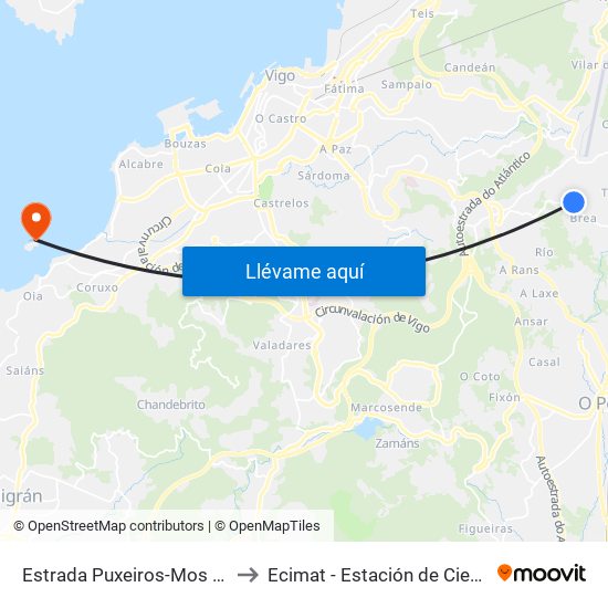 Estrada Puxeiros-Mos - Fonte do Salto (Mos) to Ecimat - Estación de Ciencias Mariñas de Toralla map