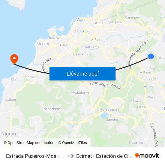 Estrada Puxeiros-Mos - Ceip Pena de Francia (Mos) to Ecimat - Estación de Ciencias Mariñas de Toralla map