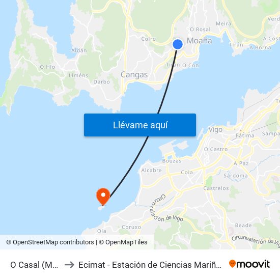 O Casal (Moaña) to Ecimat - Estación de Ciencias Mariñas de Toralla map