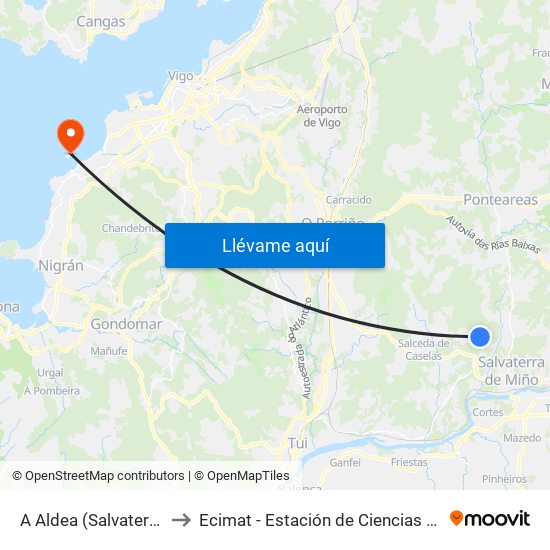 A Aldea (Salvaterra do Miño) to Ecimat - Estación de Ciencias Mariñas de Toralla map
