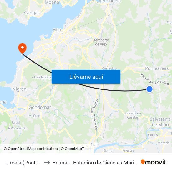 Urcela (Ponteareas) to Ecimat - Estación de Ciencias Mariñas de Toralla map