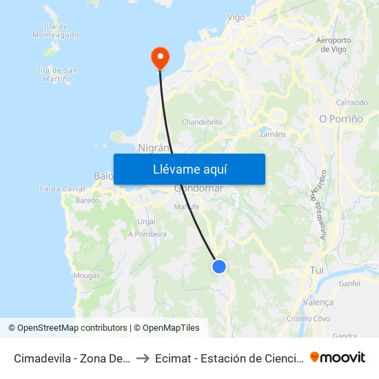 Cimadevila - Zona Descanso (Tomiño) to Ecimat - Estación de Ciencias Mariñas de Toralla map
