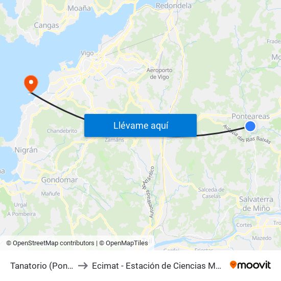 Tanatorio (Ponteareas) to Ecimat - Estación de Ciencias Mariñas de Toralla map