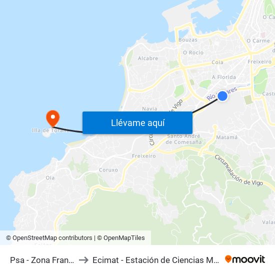 Psa - Zona Franca (Vigo) to Ecimat - Estación de Ciencias Mariñas de Toralla map