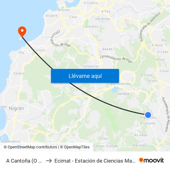 A Cantoña (O Porriño) to Ecimat - Estación de Ciencias Mariñas de Toralla map