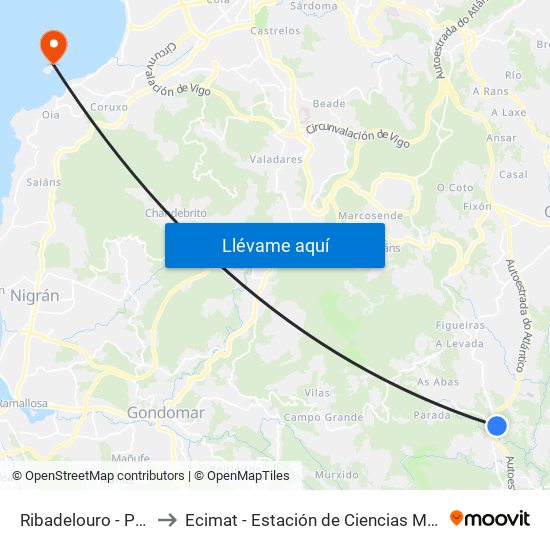 Ribadelouro - Porto (Tui) to Ecimat - Estación de Ciencias Mariñas de Toralla map