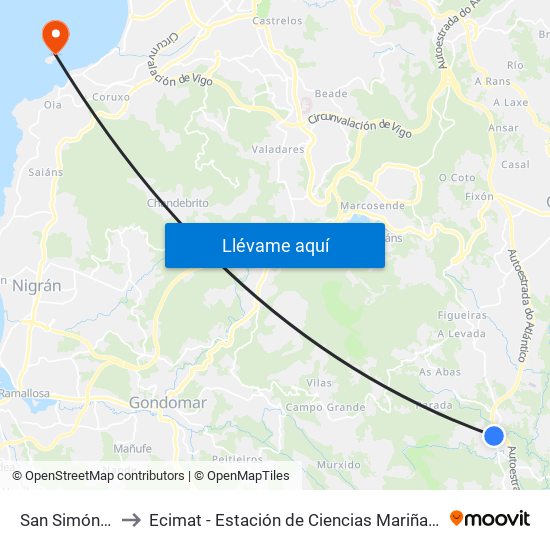 San Simón (Tui) to Ecimat - Estación de Ciencias Mariñas de Toralla map
