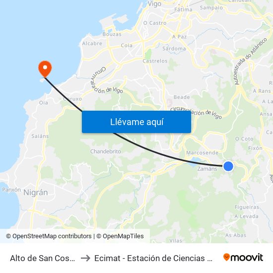 Alto de San Cosme (Vigo) to Ecimat - Estación de Ciencias Mariñas de Toralla map