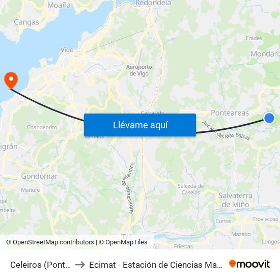 Celeiros (Ponteareas) to Ecimat - Estación de Ciencias Mariñas de Toralla map