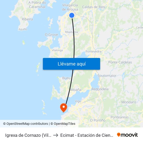 Igrexa de Cornazo (Vilagarcía de Arousa) to Ecimat - Estación de Ciencias Mariñas de Toralla map